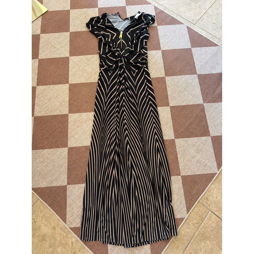 Prelude Women Black Tan Chevron Geometric Twist Front Wide Leg Jumpsuit Large